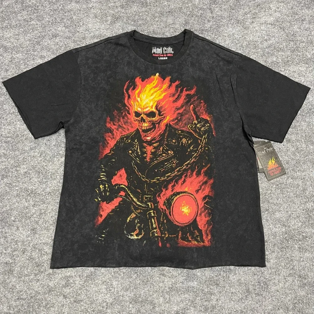 Biker Shirt Mens Large Black Mad Cult Rescued From The Embers Flaming Skull Boxy
